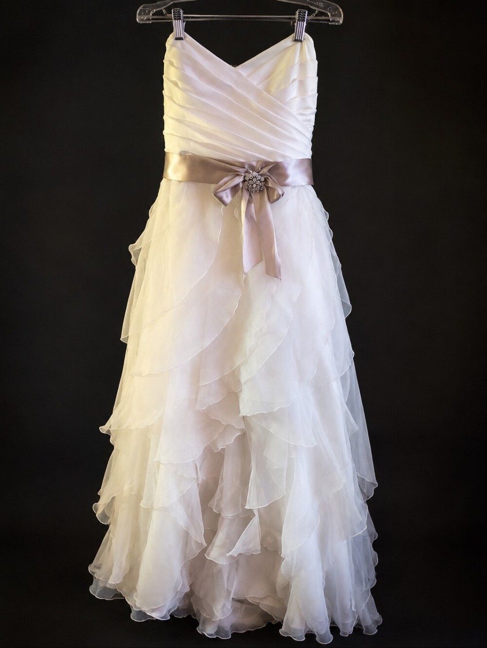 Elegant White Ruffled Strapless Bridal Gown with Satin Waistband